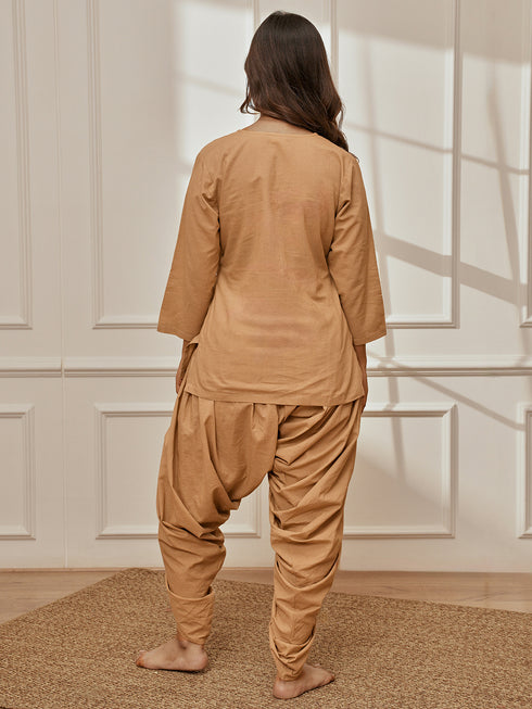 Women's Beige Cambric Cotton Shirt Style Kurta With Matching Dhoti Pants Yoga Set